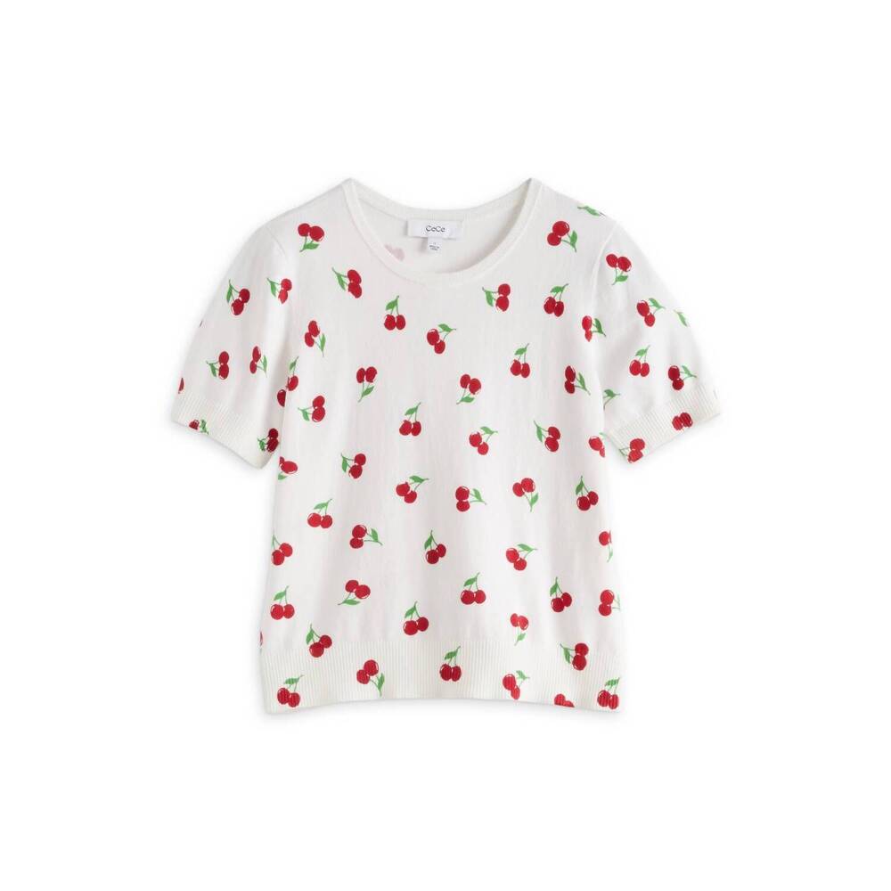 NEW CECE women's cherry printed short sleeve crew neck sweater in antique white